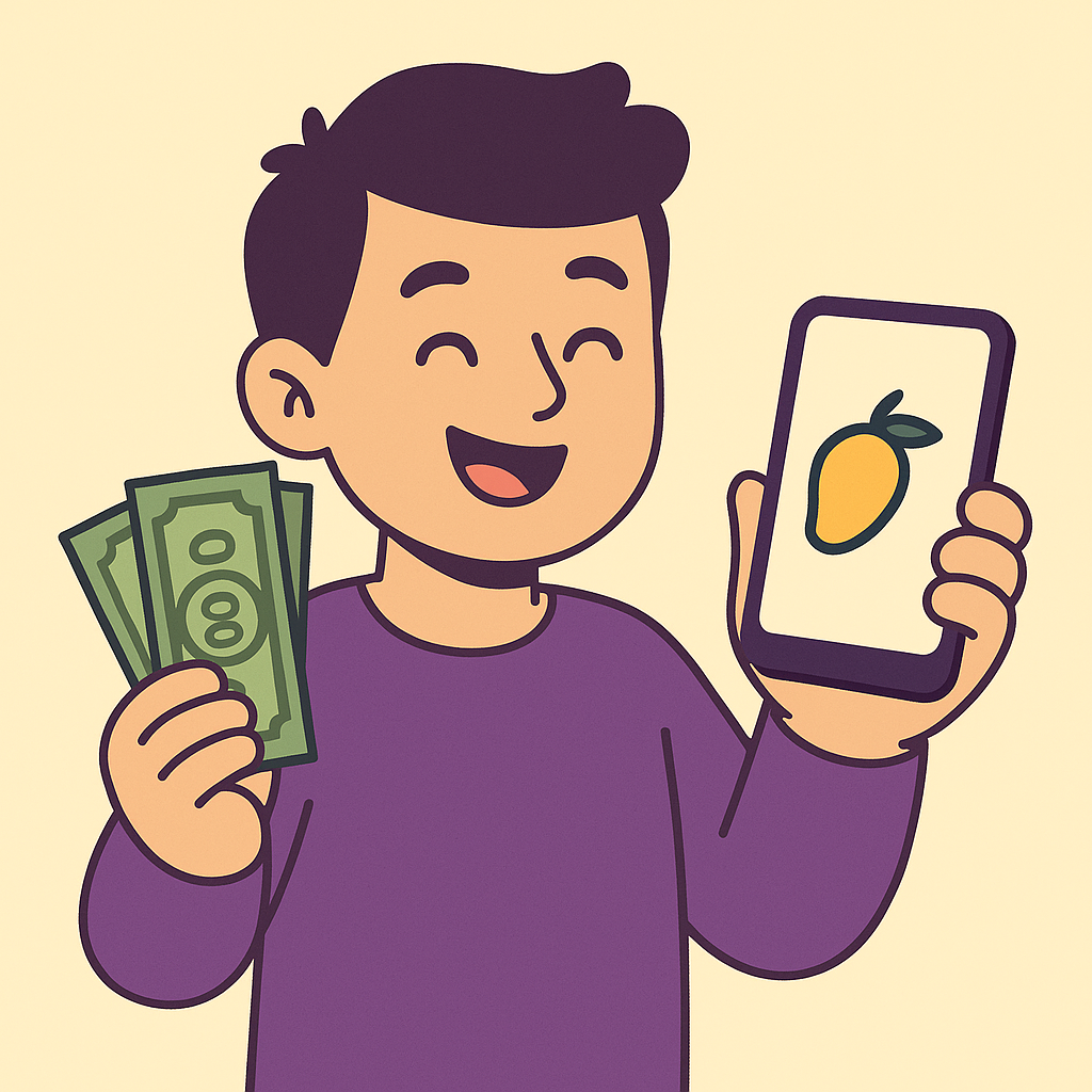 Hombre usando la app Manguito para ganar cashback con compras del supermercado